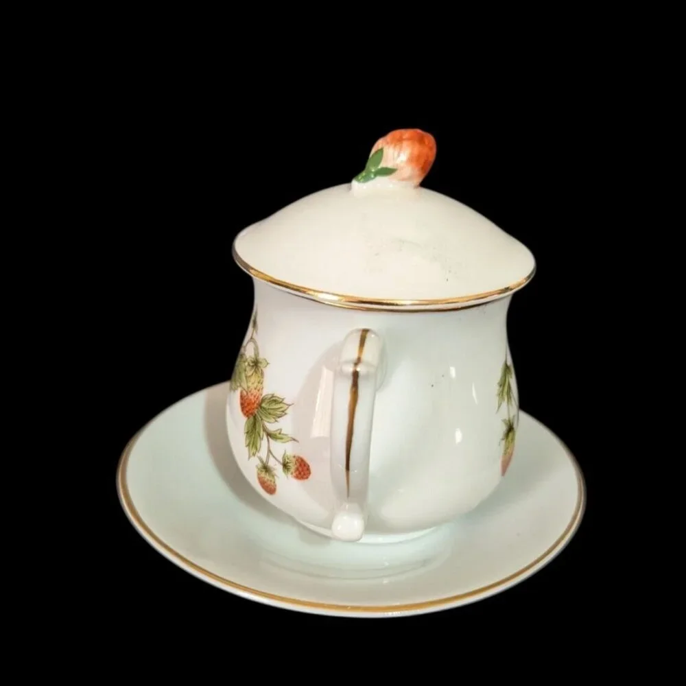 Shafford Fine Porcelain‎  Jam/Jelly Jar With Lid  Saucer Strawberry Design